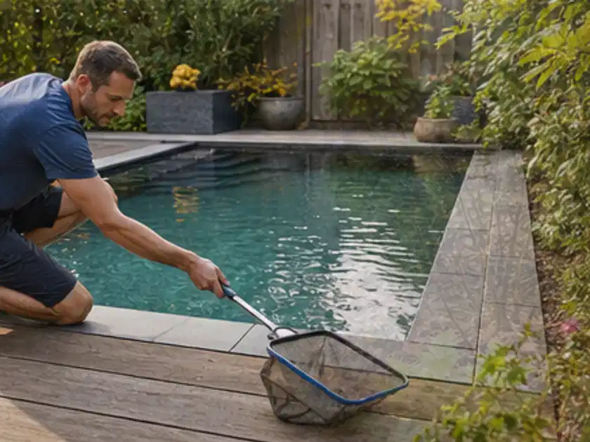 Person entfernt Blätter mit einem Kescher aus einem kleinen Gartenpool; Thema Salzwasserpools, Schwerpunkt Vergleich; Titelbild.