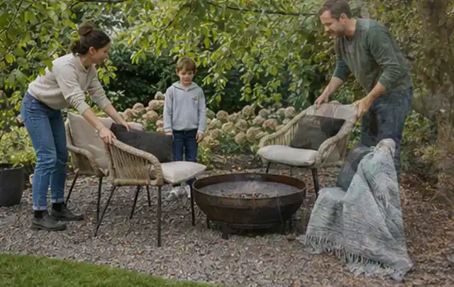 Familie stellt wetterfeste Sessel an einem geschützten Sitzplatz im Garten auf; Thema Salzwasserpools, Schwerpunkt Vergleich; Ausgangslage.