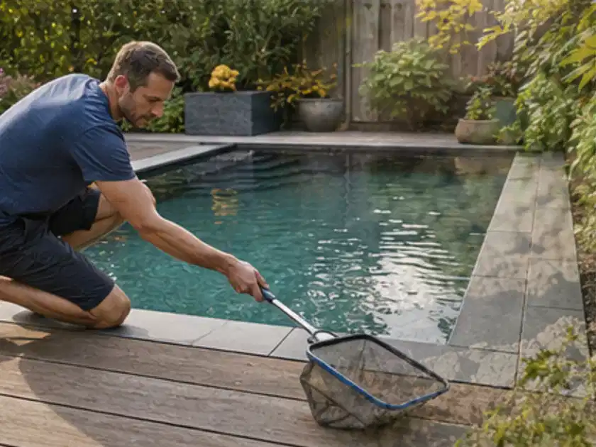 Person entfernt Blätter mit einem Kescher aus einem kleinen Gartenpool; Thema Salzwasserpools, Schwerpunkt Wartung; Titelbild.