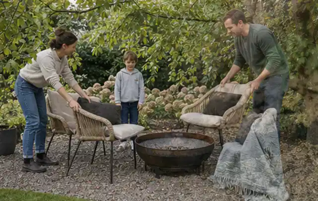Familie stellt wetterfeste Sessel an einem geschützten Sitzplatz im Garten auf; Thema Salzwasserpools, Schwerpunkt Wartung; Ausgangslage.