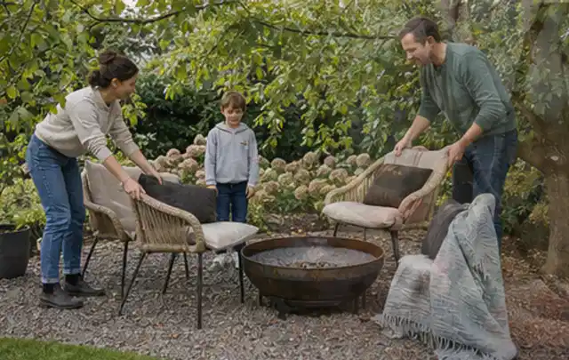 Familie stellt wetterfeste Sessel an einem geschützten Sitzplatz im Garten auf; Thema Salzwasserpools, Schwerpunkt Winterlager; Umsetzung.