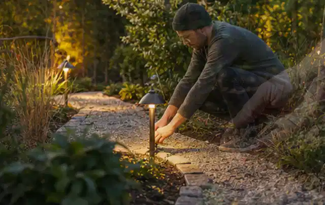 Person richtet eine niedrige warm leuchtende Gartenlampe am Kiesweg aus; Thema Salzwasserpools, Schwerpunkt Winterlager; Praxisalltag.