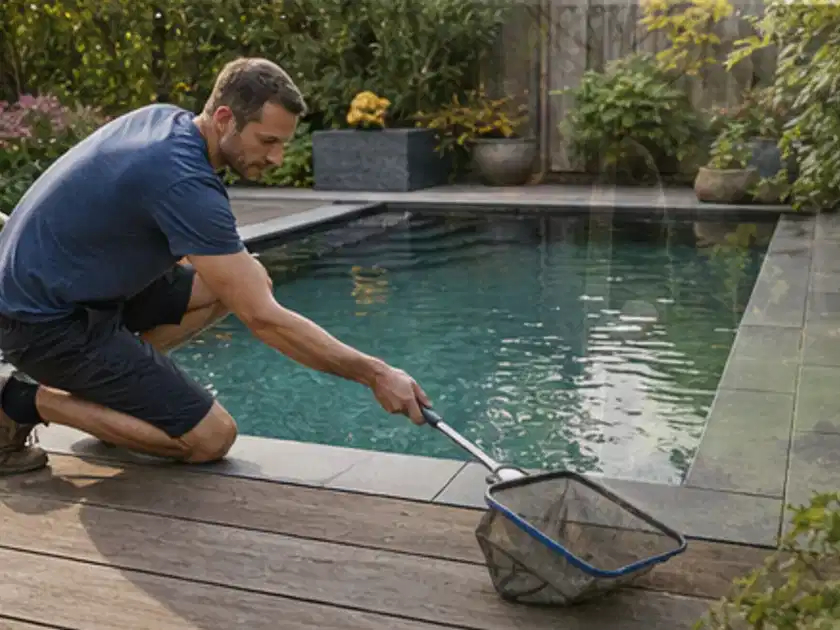 Person entfernt Blätter mit einem Kescher aus einem kleinen Gartenpool; Thema Sandfilteranlagen, Schwerpunkt Anwendung; Titelbild.