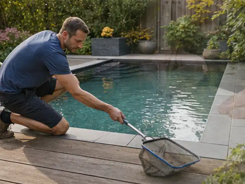 Person entfernt Blätter mit einem Kescher aus einem kleinen Gartenpool; Thema Sandfilteranlagen, Schwerpunkt Dimensionierung; Titelbild.