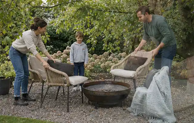 Familie stellt wetterfeste Sessel an einem geschützten Sitzplatz im Garten auf; Thema Sandfilteranlagen, Schwerpunkt Dimensionierung; Ausgangslage.