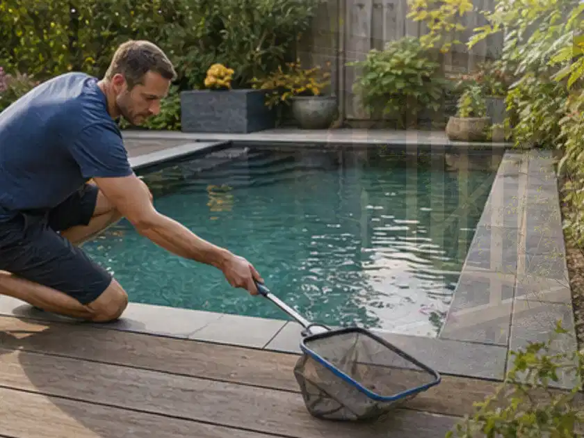 Person entfernt Blätter mit einem Kescher aus einem kleinen Gartenpool; Thema Sandfilteranlagen, Schwerpunkt Ersatzteile; Titelbild.