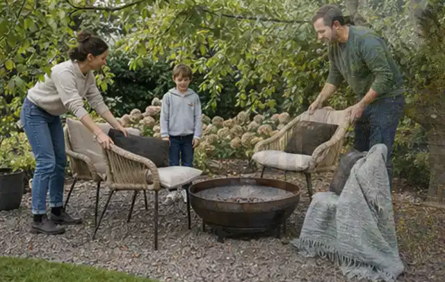 Familie stellt wetterfeste Sessel an einem geschützten Sitzplatz im Garten auf; Thema Sandfilteranlagen, Schwerpunkt Ersatzteile; Ausgangslage.