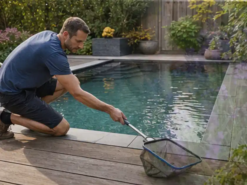 Person entfernt Blätter mit einem Kescher aus einem kleinen Gartenpool; Thema Sandfilteranlagen, Schwerpunkt Fehlerhilfe; Titelbild.