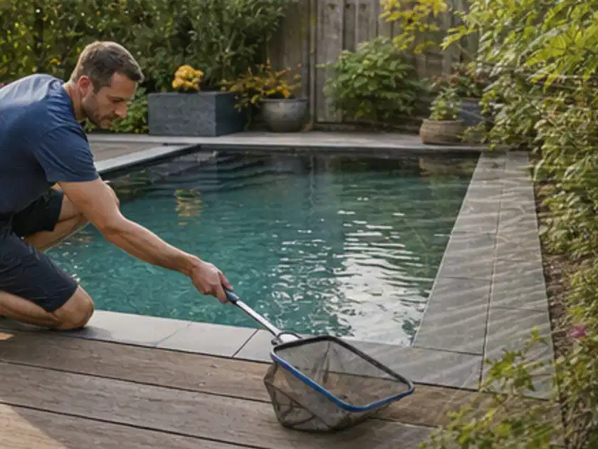 Person entfernt Blätter mit einem Kescher aus einem kleinen Gartenpool; Thema Sandfilteranlagen, Schwerpunkt Gärten mit kleiner Fläche; Titelbild.