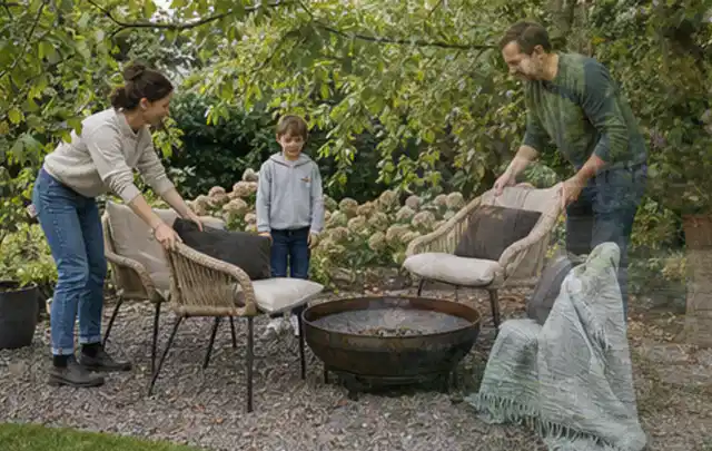 Familie stellt wetterfeste Sessel an einem geschützten Sitzplatz im Garten auf; Thema Sandfilteranlagen, Schwerpunkt Gärten mit kleiner Fläche; Kontrolle.