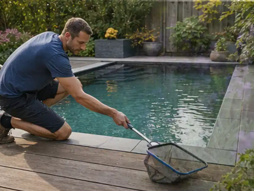 Person entfernt Blätter mit einem Kescher aus einem kleinen Gartenpool; Thema Sandfilteranlagen, Schwerpunkt Kosten; Titelbild.
