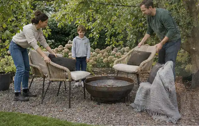Familie stellt wetterfeste Sessel an einem geschützten Sitzplatz im Garten auf; Thema Sandfilteranlagen, Schwerpunkt Kosten; Kontrolle.