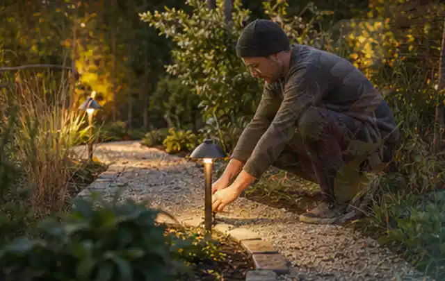 Person richtet eine niedrige warm leuchtende Gartenlampe am Kiesweg aus; Thema Sandfilteranlagen, Schwerpunkt Kosten; Ergebnis.