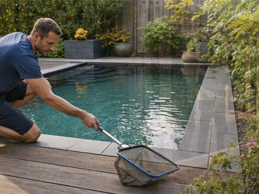 Person entfernt Blätter mit einem Kescher aus einem kleinen Gartenpool; Thema Sandfilteranlagen, Schwerpunkt Leistung; Titelbild.