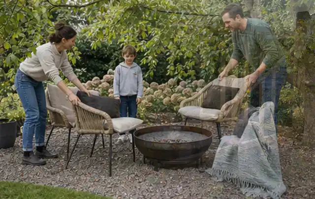 Familie stellt wetterfeste Sessel an einem geschützten Sitzplatz im Garten auf; Thema Sandfilteranlagen, Schwerpunkt Leistung; Ausgangslage.