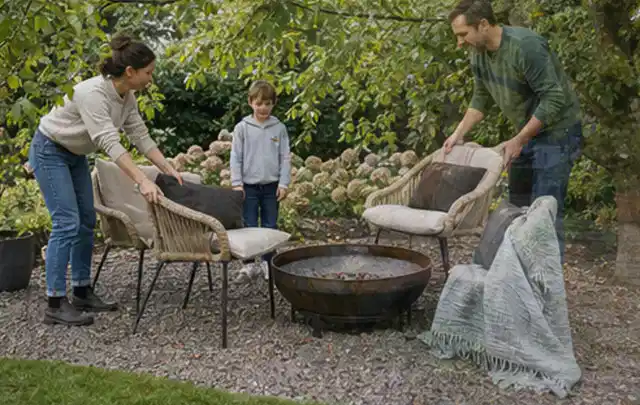 Familie stellt wetterfeste Sessel an einem geschützten Sitzplatz im Garten auf; Thema Sandfilteranlagen, Schwerpunkt Pools; Umsetzung.