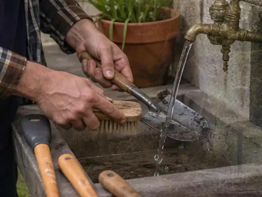 Hände reinigen gebrauchte Gartengeräte mit Bürste und Wasser am Außenbecken; Thema Sandfilteranlagen, Schwerpunkt Reinigung; Titelbild.