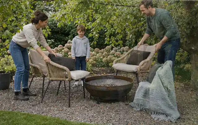 Familie stellt wetterfeste Sessel an einem geschützten Sitzplatz im Garten auf; Thema Sandfilteranlagen, Schwerpunkt Reinigung; Ergebnis.