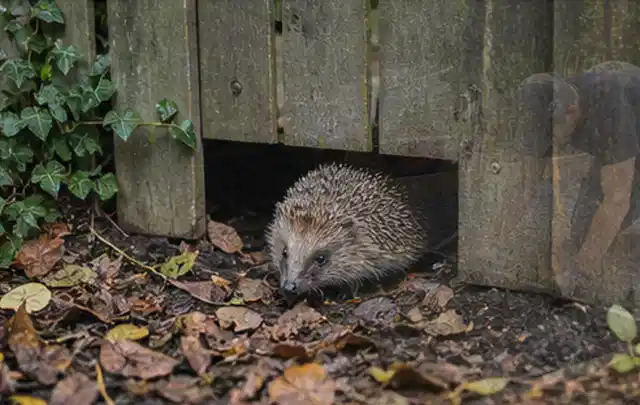 Igel nutzt einen bodennahen Durchgang unter einem hölzernen Gartenzaun; Thema Sandfilteranlagen, Schwerpunkt Reparatur; Kontrolle.