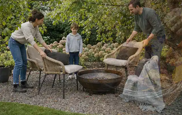 Familie stellt wetterfeste Sessel an einem geschützten Sitzplatz im Garten auf; Thema Sandfilteranlagen, Schwerpunkt Sicherheit; Praxisalltag.