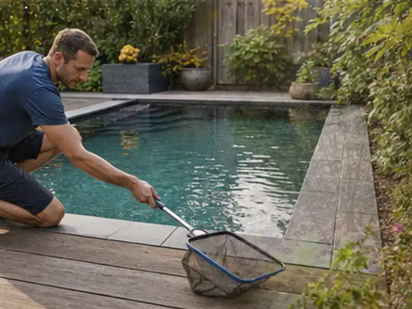 Person entfernt Blätter mit einem Kescher aus einem kleinen Gartenpool; Thema Sandfilteranlagen, Schwerpunkt Systemvergleich; Titelbild.