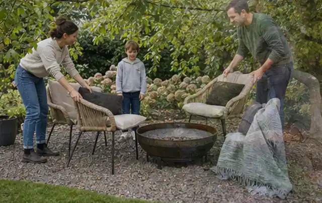 Familie stellt wetterfeste Sessel an einem geschützten Sitzplatz im Garten auf; Thema Sandfilteranlagen, Schwerpunkt Testkriterien; Kontrolle.
