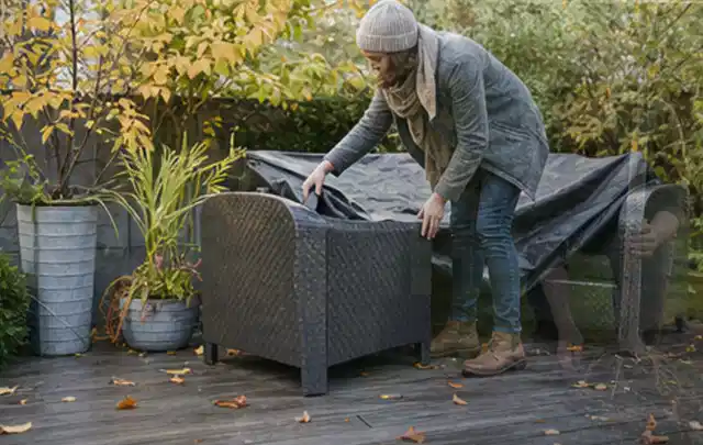 Person deckt Gartenmöbel vor der kalten Jahreszeit sorgfältig ab; Thema Sandfilteranlagen, Schwerpunkt Testkriterien; Praxisalltag.