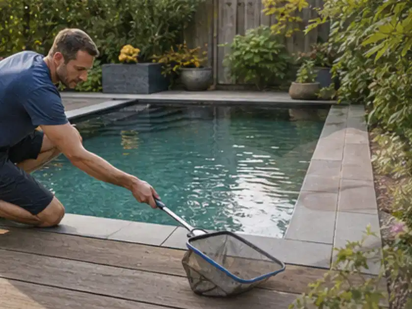 Person entfernt Blätter mit einem Kescher aus einem kleinen Gartenpool; Thema Sandfilteranlagen, Schwerpunkt Vergleich; Titelbild.