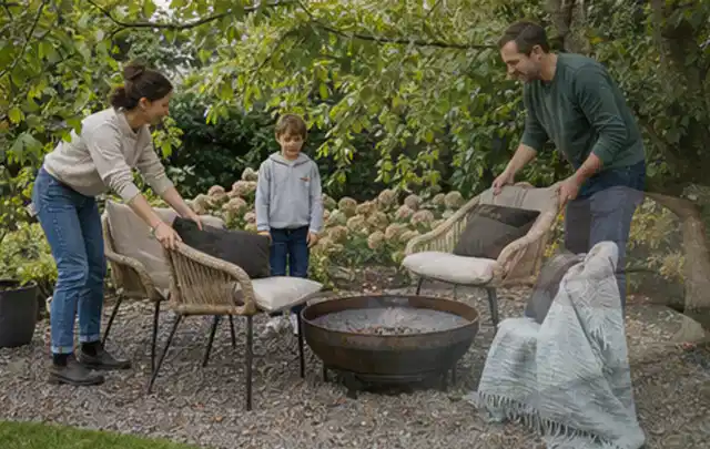 Familie stellt wetterfeste Sessel an einem geschützten Sitzplatz im Garten auf; Thema Sandfilteranlagen, Schwerpunkt Vergleich; Ausgangslage.