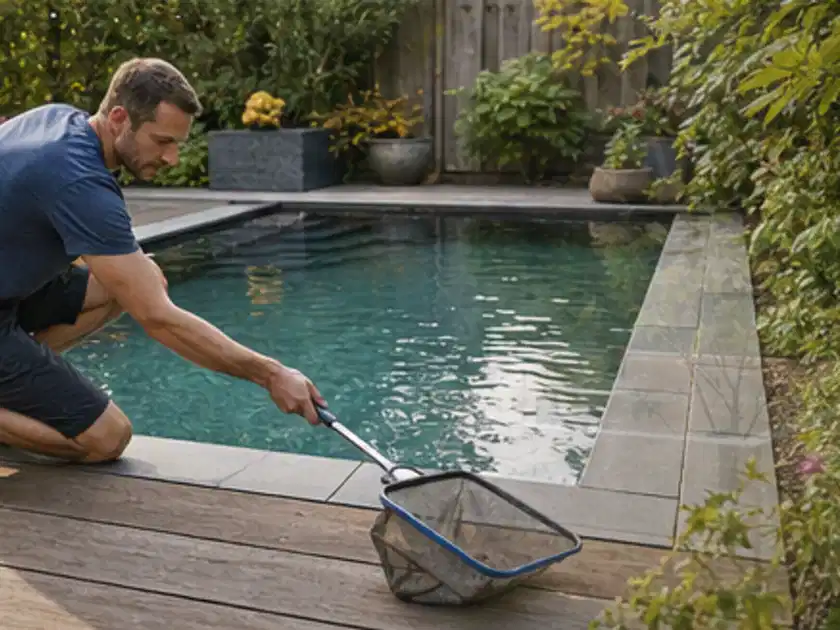 Person entfernt Blätter mit einem Kescher aus einem kleinen Gartenpool; Thema Sandfilteranlagen, Schwerpunkt Wartung; Titelbild.