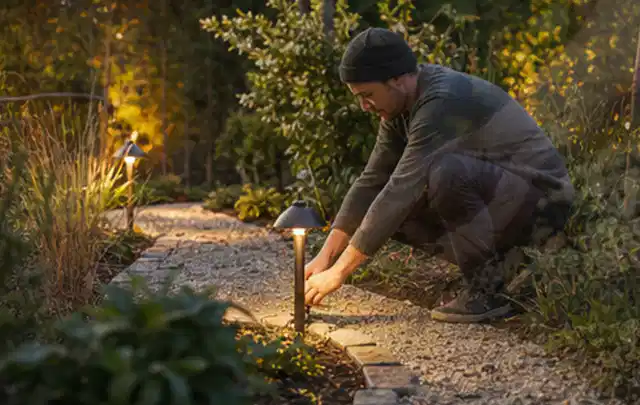 Person richtet eine niedrige warm leuchtende Gartenlampe am Kiesweg aus; Thema Sandfilteranlagen, Schwerpunkt Winterlager; Umsetzung.