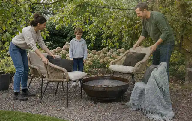 Familie stellt wetterfeste Sessel an einem geschützten Sitzplatz im Garten auf; Thema Sandfilteranlagen, Schwerpunkt Winterlager; Kontrolle.