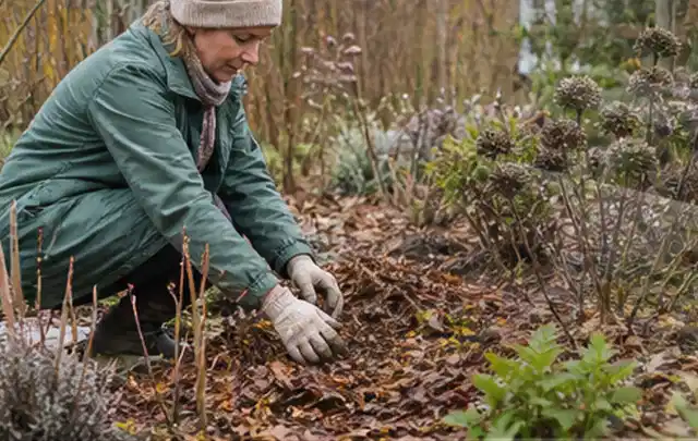 Person verteilt eine schützende Mulchschicht zwischen winterlichen Stauden; Thema Schädlinge Krankheiten, Schwerpunkt Themenwelt; Kontrolle.