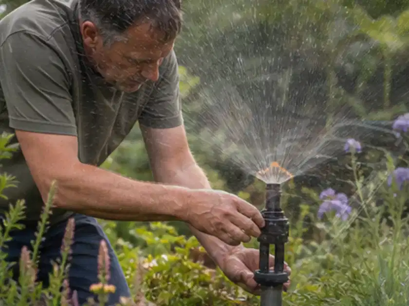 Person richtet einen laufenden Gartensprenger zwischen Stauden präzise aus; Thema Schattenpflanzen, Schwerpunkt Bewässerung; Titelbild.