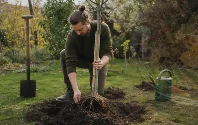 Person setzt einen jungen Zierbaum in ein vorbereitetes Pflanzloch im Garten; Thema Schattenpflanzen, Schwerpunkt Bewässerung; Kontrolle.