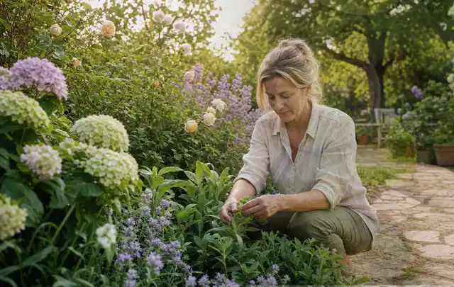 Person pflegt üppige Pflanzen in einem natürlich beleuchteten Garten; Thema Schattenpflanzen, Schwerpunkt Boden; Kontrolle.
