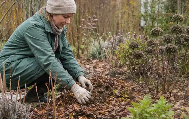 Person verteilt eine schützende Mulchschicht zwischen winterlichen Stauden; Thema Schattenpflanzen, Schwerpunkt Boden; Ergebnis.