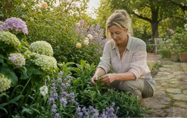 Person pflegt üppige Pflanzen in einem natürlich beleuchteten Garten; Thema Schattenpflanzen, Schwerpunkt Einsteigerwissen; Umsetzung.