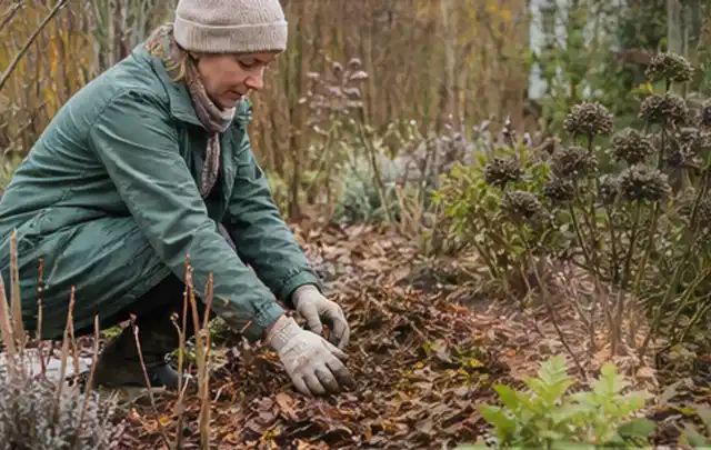 Person verteilt eine schützende Mulchschicht zwischen winterlichen Stauden; Thema Schattenpflanzen, Schwerpunkt Fehlerhilfe; Kontrolle.