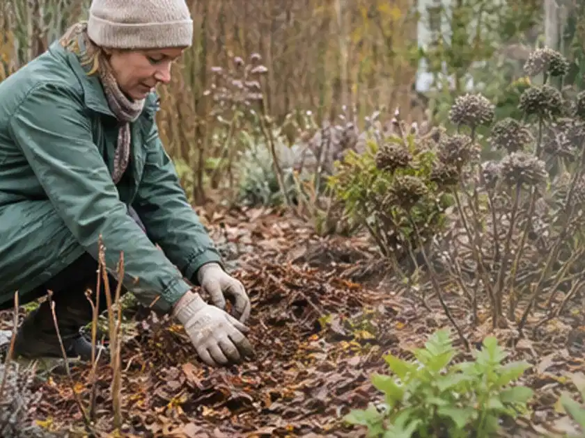 Person verteilt eine schützende Mulchschicht zwischen winterlichen Stauden; Thema Schattenpflanzen, Schwerpunkt Jahrespflege; Titelbild.