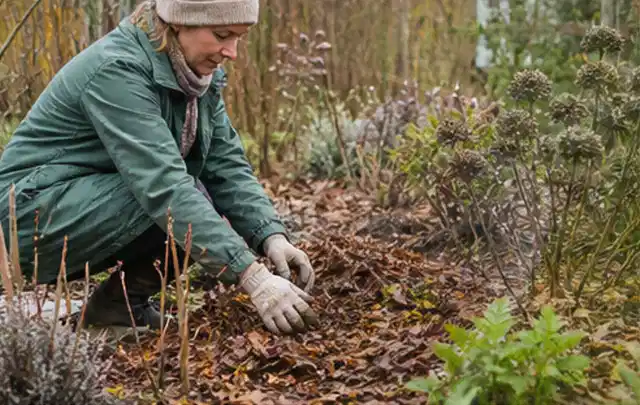 Person verteilt eine schützende Mulchschicht zwischen winterlichen Stauden; Thema Schattenpflanzen, Schwerpunkt Kaufberatung; Ergebnis.