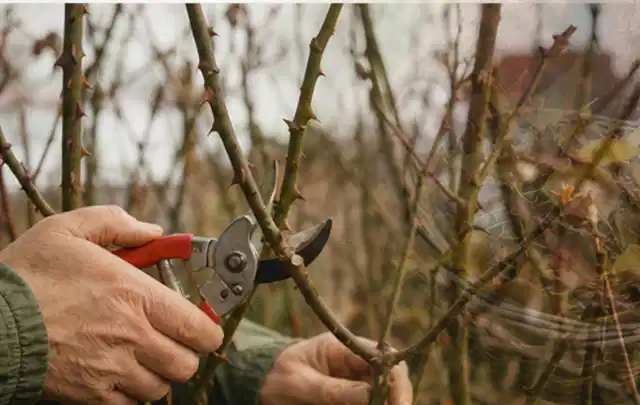 Hände schneiden einen älteren Rosenstrauch mit einer sauberen Gartenschere; Thema Schattenpflanzen, Schwerpunkt Pflanzen; Kontrolle.