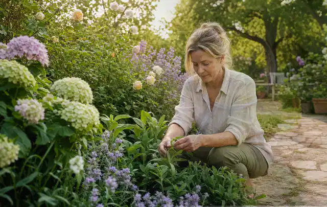 Person pflegt üppige Pflanzen in einem natürlich beleuchteten Garten; Thema Schattenpflanzen, Schwerpunkt Pflanzen; Ergebnis.