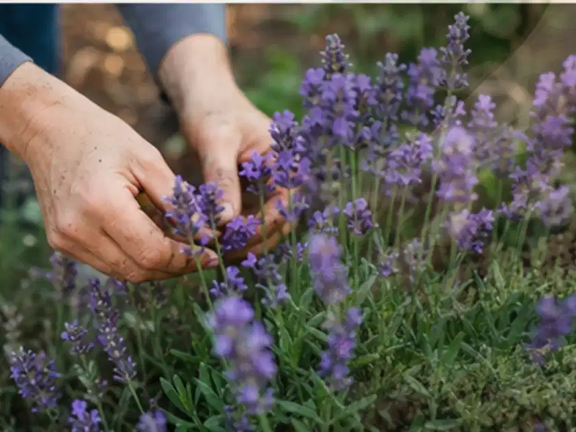 Hände pflegen blühenden Lavendel in einem natürlich angelegten Gartenbeet; Thema Schattenpflanzen, Schwerpunkt Problemlösung; Titelbild.