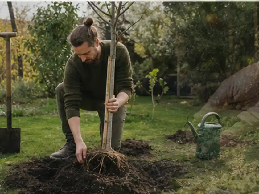 Person setzt einen jungen Zierbaum in ein vorbereitetes Pflanzloch im Garten; Thema Schattenpflanzen, Schwerpunkt Sortenwahl; Titelbild.