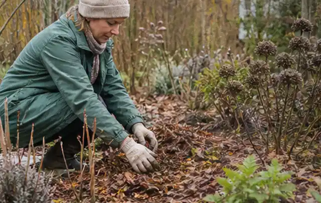 Person verteilt eine schützende Mulchschicht zwischen winterlichen Stauden; Thema Schattenpflanzen, Schwerpunkt Sortenwahl; Umsetzung.