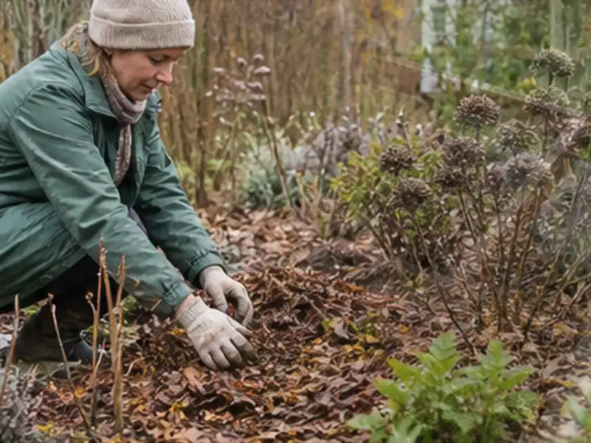 Person verteilt eine schützende Mulchschicht zwischen winterlichen Stauden; Thema Schattenpflanzen, Schwerpunkt Standort; Titelbild.