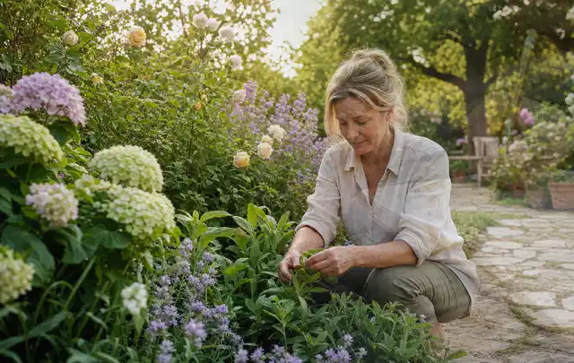 Person pflegt üppige Pflanzen in einem natürlich beleuchteten Garten; Thema Schattenpflanzen, Schwerpunkt Topfkultur; Praxisalltag.