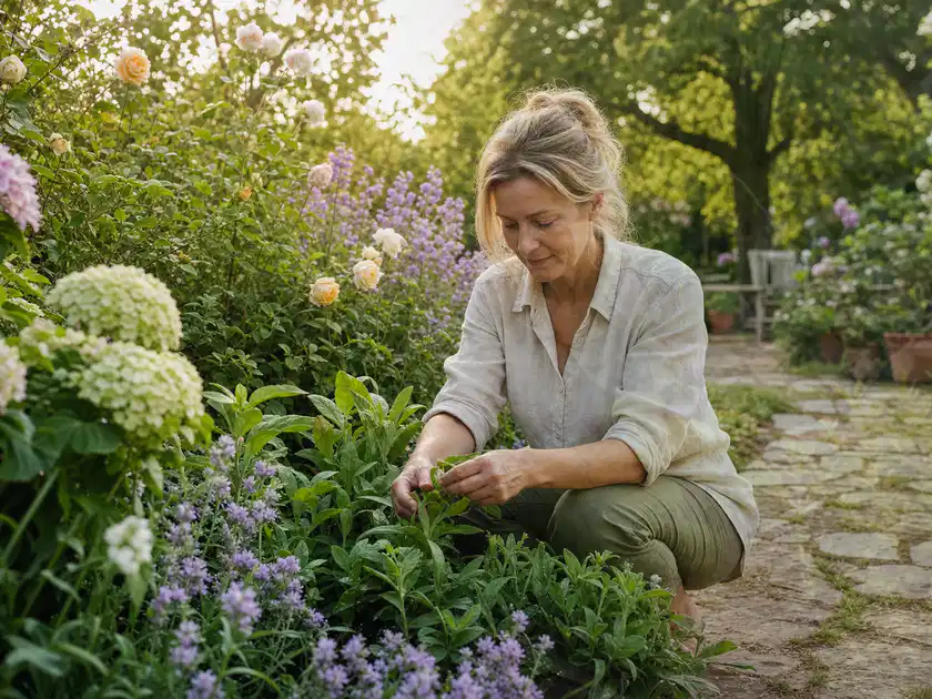 Person pflegt üppige Pflanzen in einem natürlich beleuchteten Garten; Thema Schattenpflanzen, Schwerpunkt Vermehrung; Titelbild.