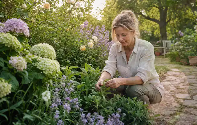Person pflegt üppige Pflanzen in einem natürlich beleuchteten Garten; Thema Schattenpflanzen, Schwerpunkt Winterpflege; Kontrolle.